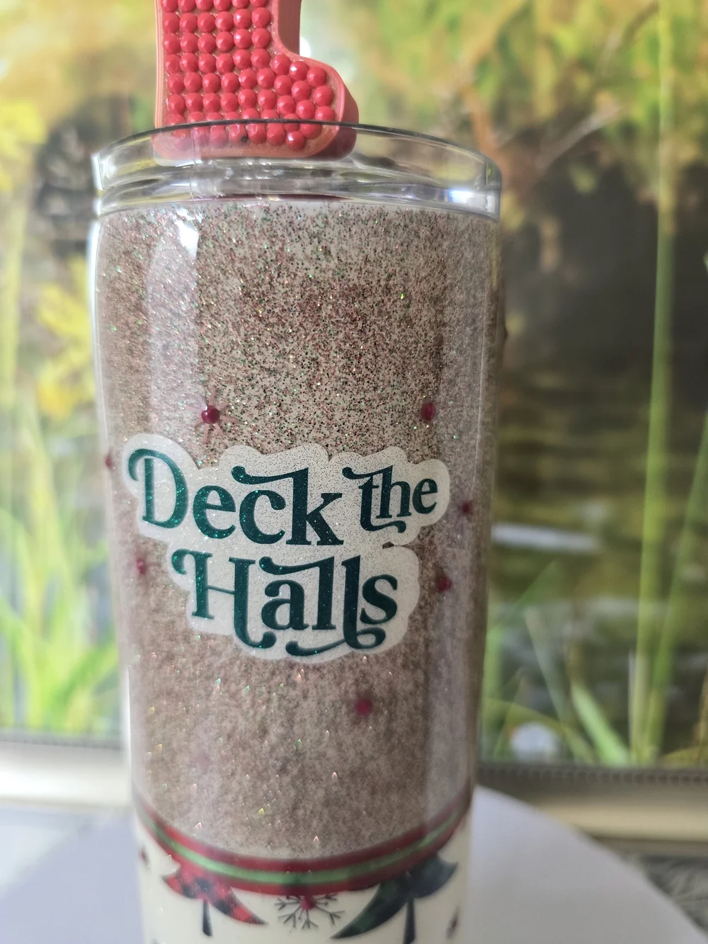 Handmade Christmas Tumbler 20oz Skinny Glitter Holiday Cup Gift Deck the Halls